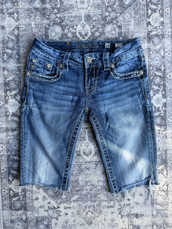 Miss Me Denim - Miss Me Blue Distressed Boyfriend Denim Shorts with Embellished Pockets